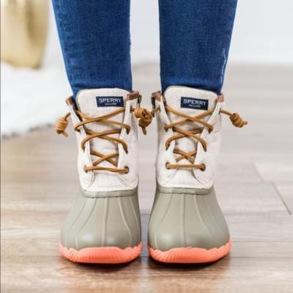 sperry saltwater duck boots taupe coral
